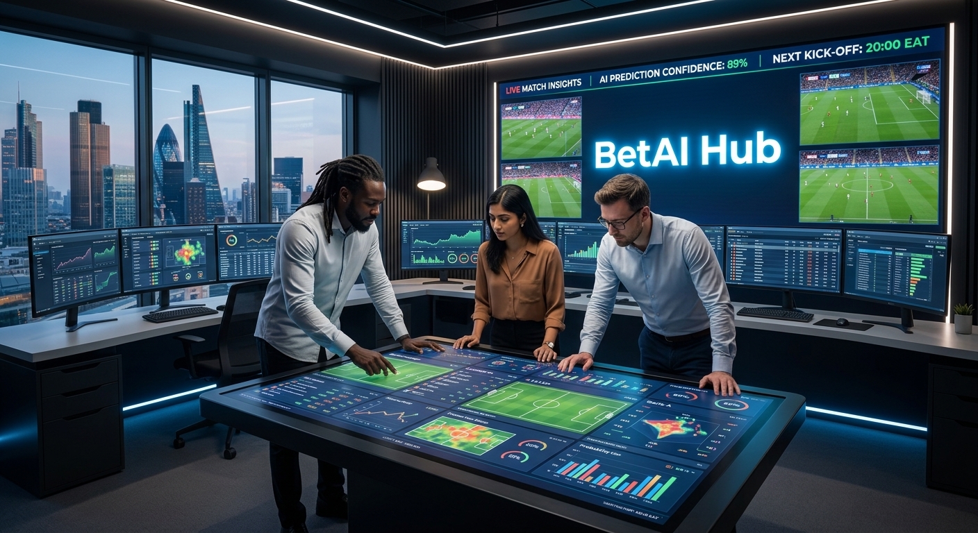 A high-tech, modern sports analytics command center focused on football data analysis.